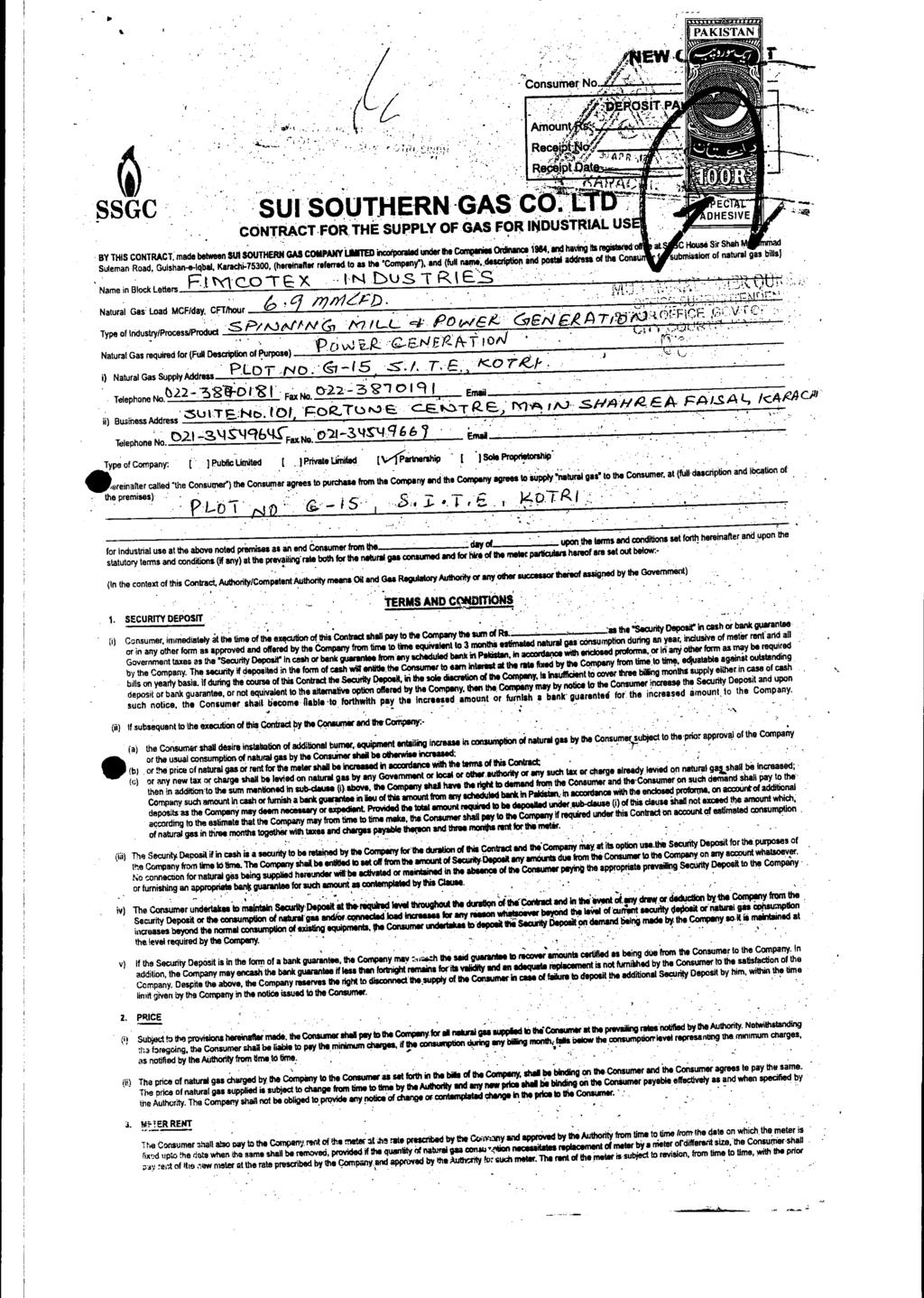 ... Receipt [gip. SSGC - SUI SOUTHER N -GAS.C a.,,l CONTRACT.F012:THE SUPPLY OF GAS FOR INDUSTRIAL US BY THIS CONTRACT.