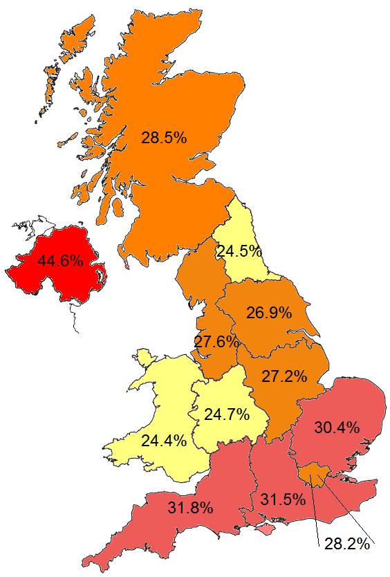 Regional analysis over time 4 The most generous region in the UK, in terms of the proportion of households donating to charity, remains Northern Ireland, as shown in the following map.
