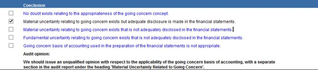 02.20 Going Concern Conclusion (Major change compliance) In the instance where the auditor concluded that Material uncertainty relating to going concern