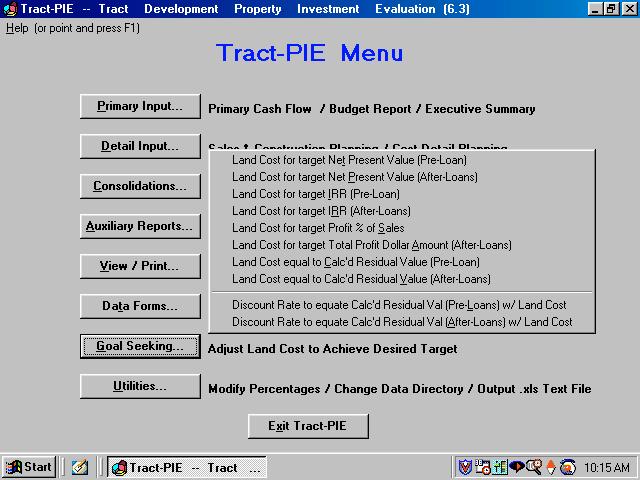 The Main Menu with the Goal Seeking Command Button activated: Utilities Command Button Modify Cost Spread and/or Seasonal Sales Percentages: Tract-PIE features stored percentages for producing a