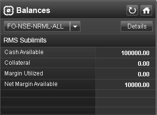 12. Balances To view the cash deposits or available cash margin, click on Balances icon in the Home menu The limits set at different levels for the
