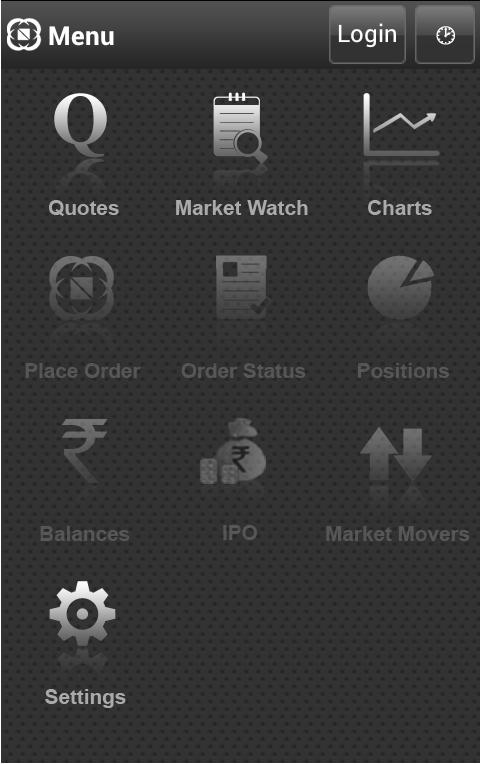 2. Market Data On clicking on the Market Data option in the initial screen, the user is directed to the Menu screen The