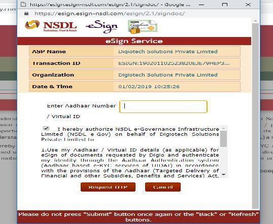 The browser will redirect to NSDL page to authenticate E-Sign, where