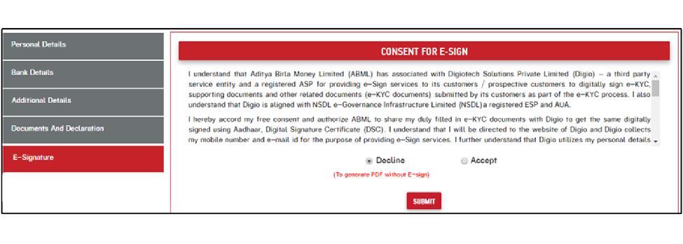 Incase where customer / Employee does not have a aadhar number or a valid mobile number linked with aadhar then PDF of Application Form can be generated by selecting the Decline Option and clicking