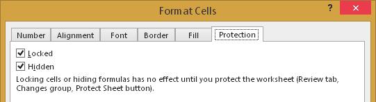 Protecting Individual Cells 237 The Protection Tab of the Format Cells Dialog Box You can open the Format Cells dialog box via the menu that appears when you right-click a highlighted area of a
