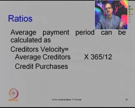 (Refer Slide Time: 11:44) On the same lines of debtors, you also have creditors turnover, which relates credit purchases to account payables.