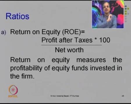 (Refer Slide Time: 13:15) So, the first ratio in this category is return on equity. Here, we are trying to find on the money of the equity shareholders.
