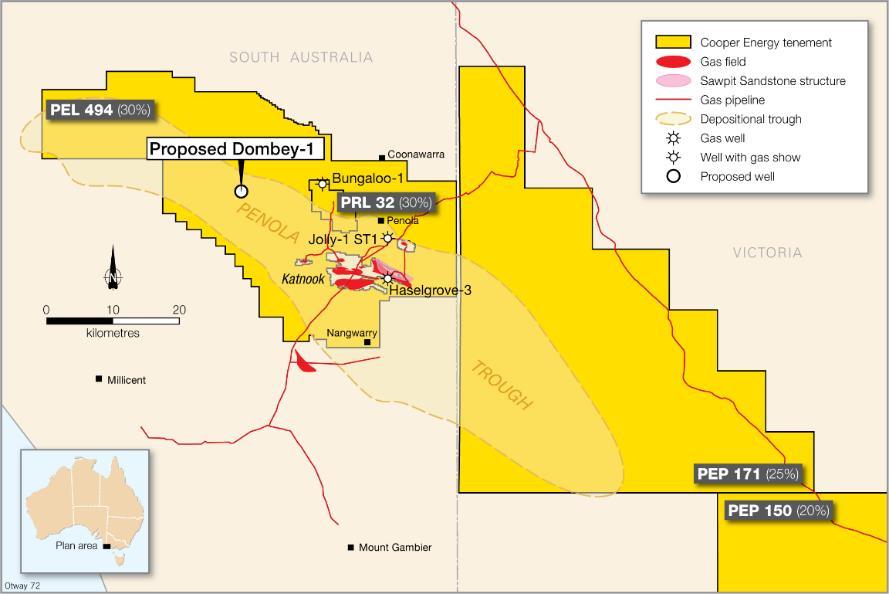 Otway Basin, Penola Trough onshore Dombey-1 to be drilled to evaluate Pretty Hill Formation and Sawpit Sandstone potential South Australia Haselgrove-3 discovery in adjoining PPL 62 confirmed