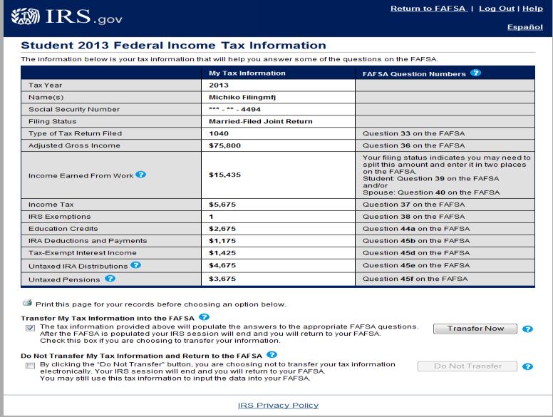 The IRS tax information will display.