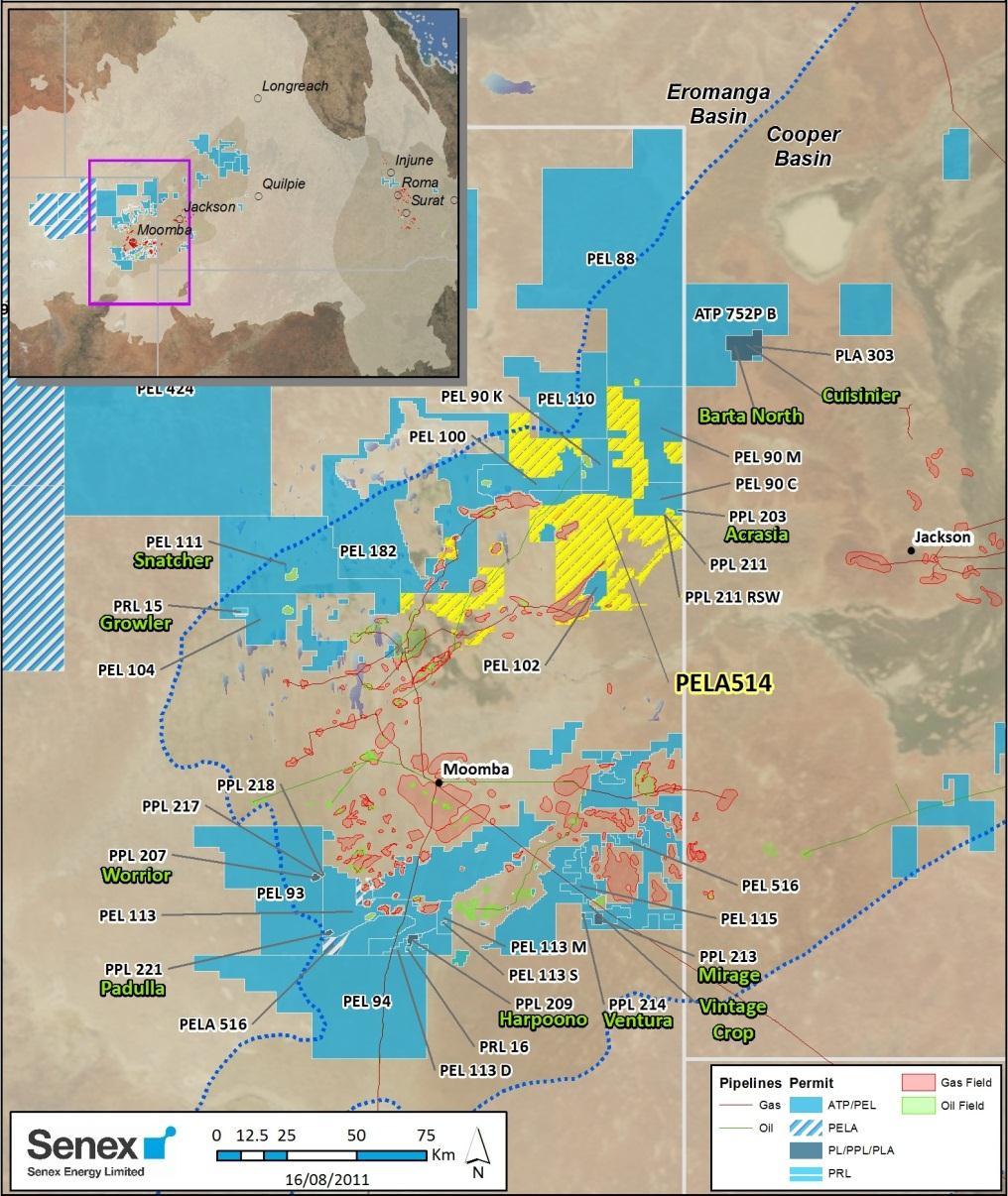 Expansion of unconventional gas footprint: PELA 514 N S Binding agreement signed for Senex to farm-in to PELA 514, currently held 100% by Planet Gas Senex to be Operator Three well farm-in commitment