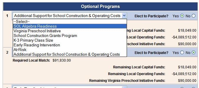 To begin, click in the white text box to display the drop-down list of School Facilities and Lottery programs.