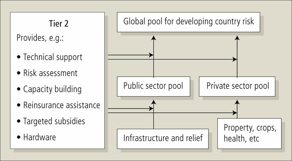 Figure 5: Possible activities undertaken by Tier 2 Without the kind of assistance suggested in Tier 2, insurance programs will not be viable in many highly exposed developing countries.