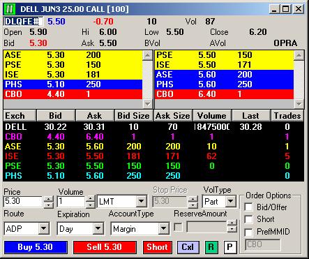 Figure 13-4: Level II Options Window To Open up the Level II Options Window: - Click on the Options Blue Tab, type in the symbol - The Options Analysis Window will open.
