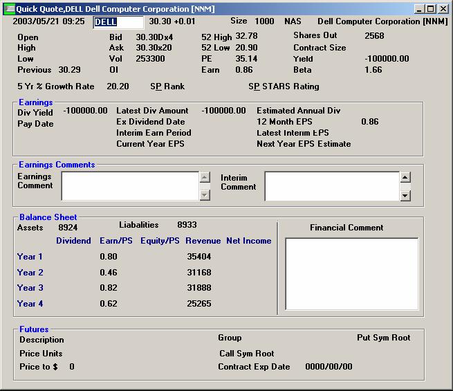 Figure 4-6: An example of the Fundamental Quote Window. 4.8 Import Symbols to Quote Pages You can import symbols to your Detailed or Condensed Quote pages from your portfolio pages in the following way: - Click on Symbol in the Menu Bar.