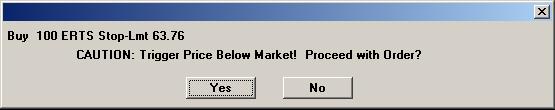 Stop Orders Warning When placing a Stop Order incorrectly a message window will popup and require confirmation of the order (See fig 8-4) Figure 8-4: Example of Stop Order Warning 4) Peg Orders Peg