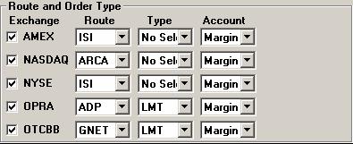 Figure 8-11: Order Options Default Box Route and Order Types Route and Order Type defaults, which define the Route, Order Type and Account based upon the type of stock that is being traded, can be