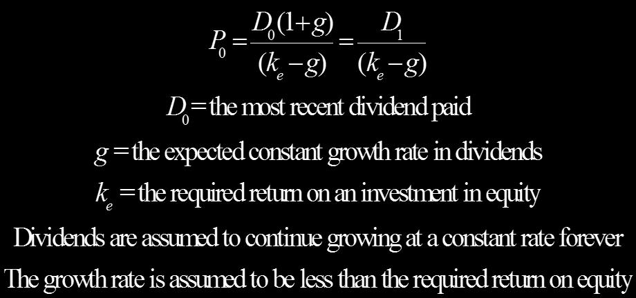 In the generalized dividend valuation model, written in full above (equation 1), the value of the stock today is the present value of all expected cash flows (equal to all future dividend payments