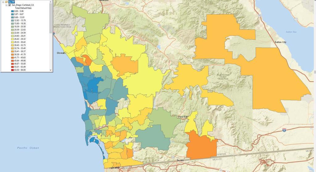 Exhibit 5: Six Zip Codes and Mortgage Default Rates for Loans Originated in 2006 Last, we show a map of many zip codes in San Diego and default rates for all mortgages originated from 2000 through