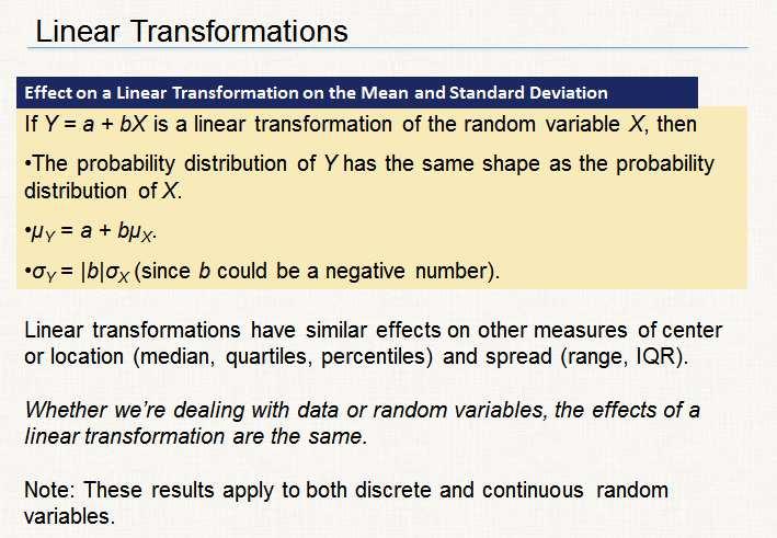 Can you see why this is called a linear transformation? The equation describing the sequence of transformations has the form Y = a + bx, which you should recognize as a linear equation.