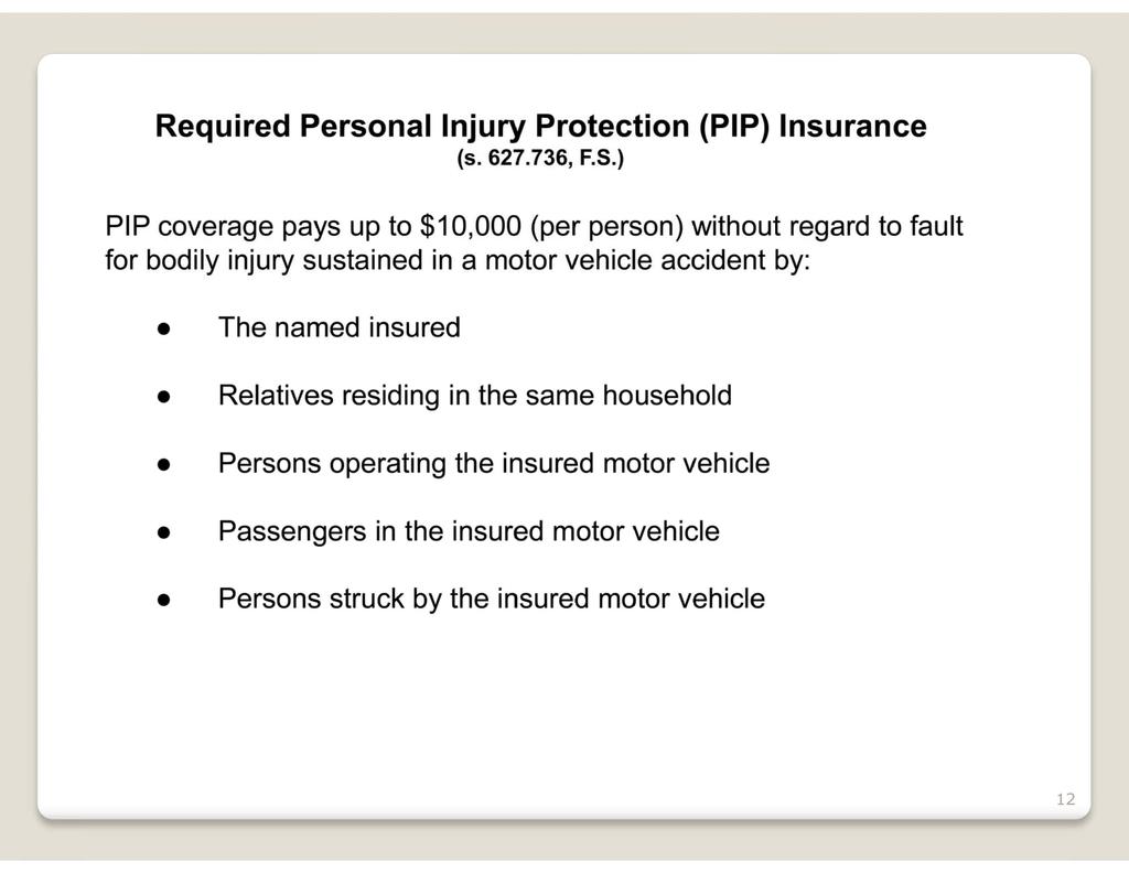 Required Personal Injury Protection (PIP) Insurance (5.627.736, F.S.