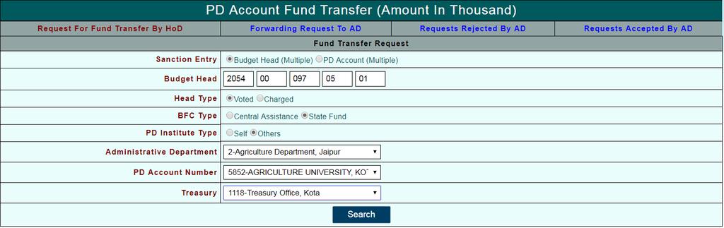 8 9 Figure No.-7 8) Select Treasury From Drop Down Box. 9) Then Click On Search. After Click on Search Button Department Information Block is as shown below:- Figure No.