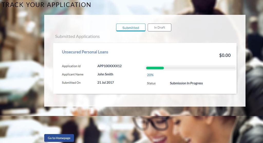 4.1 Submitted Application Field Loan Offer Name Application ID Progress Bar Loan Amount Applicant Name Submitted On Status The name of the offer for which the application has been made.