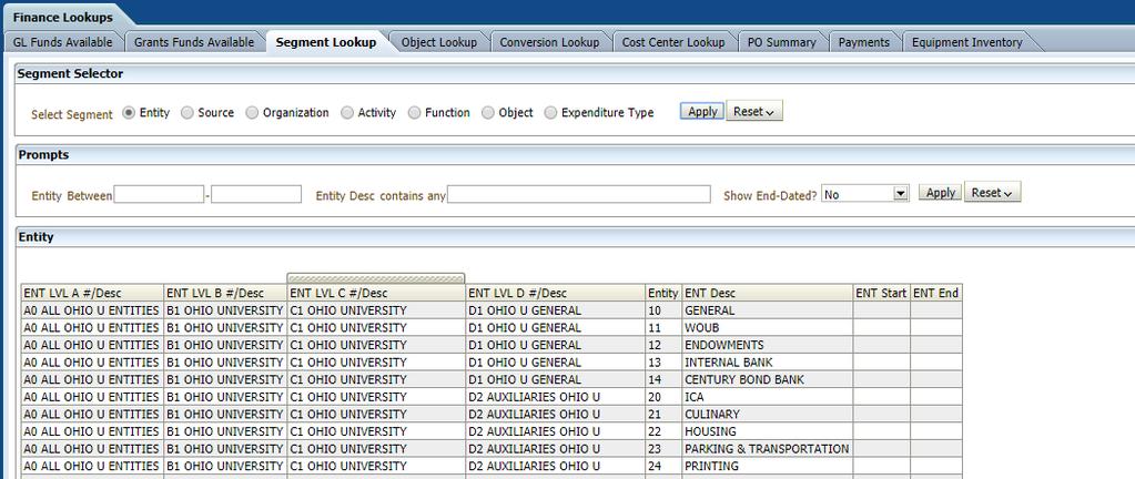SEGMENT LOOKUP NOT TIED TO PLANNING UNITS Entity, Source, Function, Object,