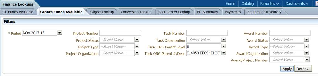 GRANTS FA: UTILIZING TASK ORG HIERARCHY Task ORG Parent Level = E Task ORG Parent #/Desc = E14050 EECS: ELECTRICAL