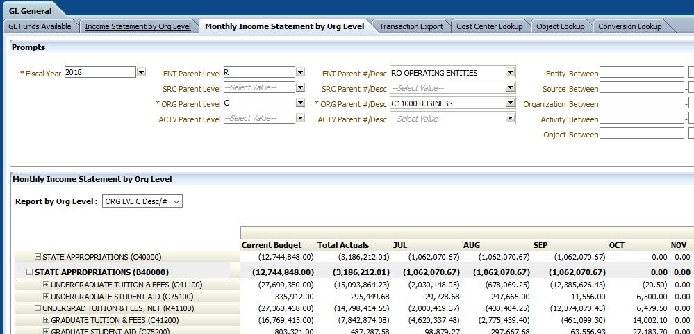 MONTHLY INCOME STATEMENT BY ORG LEVEL Ability to use the same prompts as the GL Funds