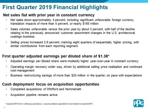 More detailed sales comparisons for the company and each reporting segment are included on subsequent presentation slides. Reported earnings per diluted share from continuing operations were $1.31.