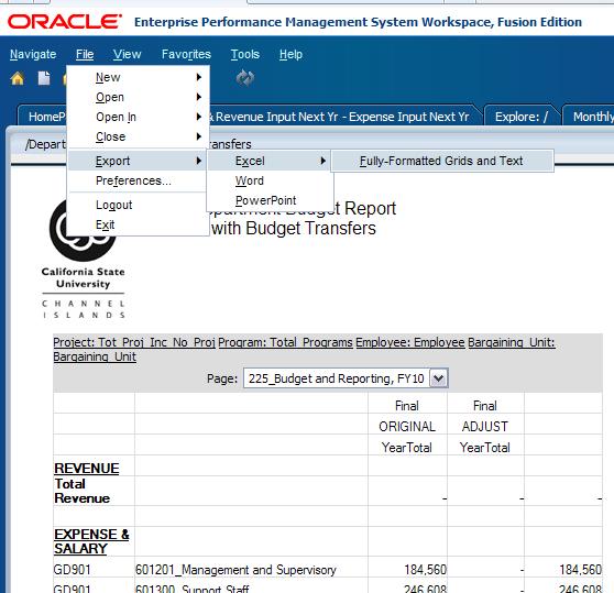Reports Exporting to Excel Hyperion allows you to export your report to Excel o Choose File >