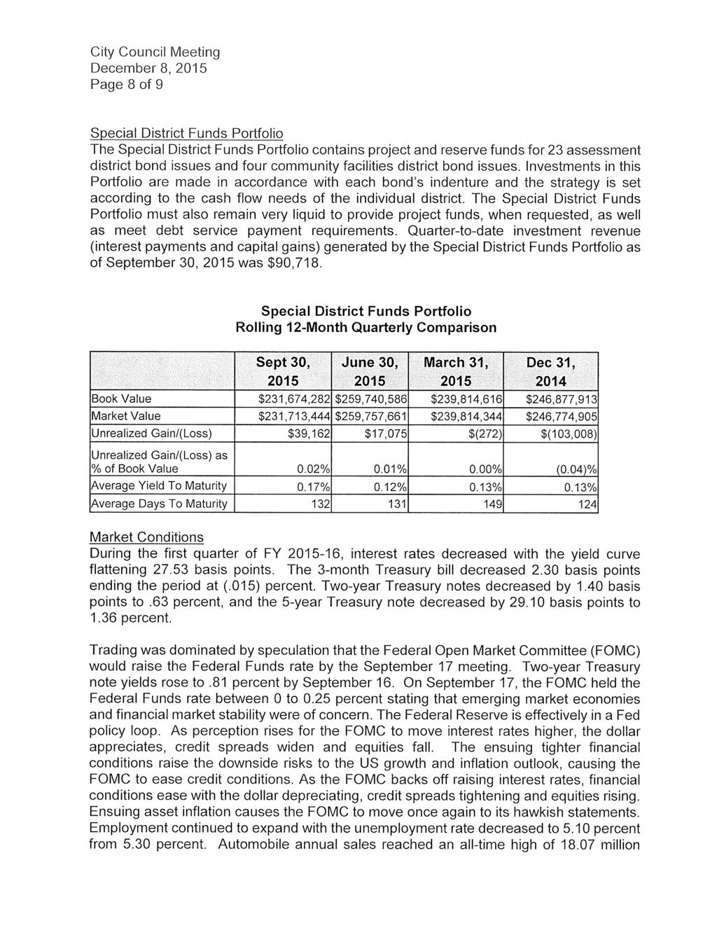 Page 8 of 9 Special District Funds Portfolio The Special District Funds Portfolio contains project and reserve funds for 23 assessment district bond issues and four community facilities district bond