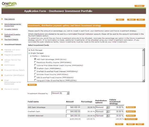 Selecting investments, distribution payment options and future investment authorities 1. Click on a Profile to view available investment funds within that Profile. 2.