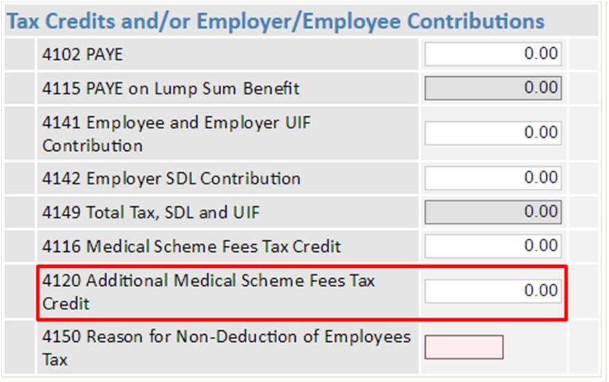 Removed the SITE (code 4101) field and added a field for Additional Medical Scheme Fees Tax Credit (code 4120) to the Tax Credits and/or Employer/Employee Contributions section.
