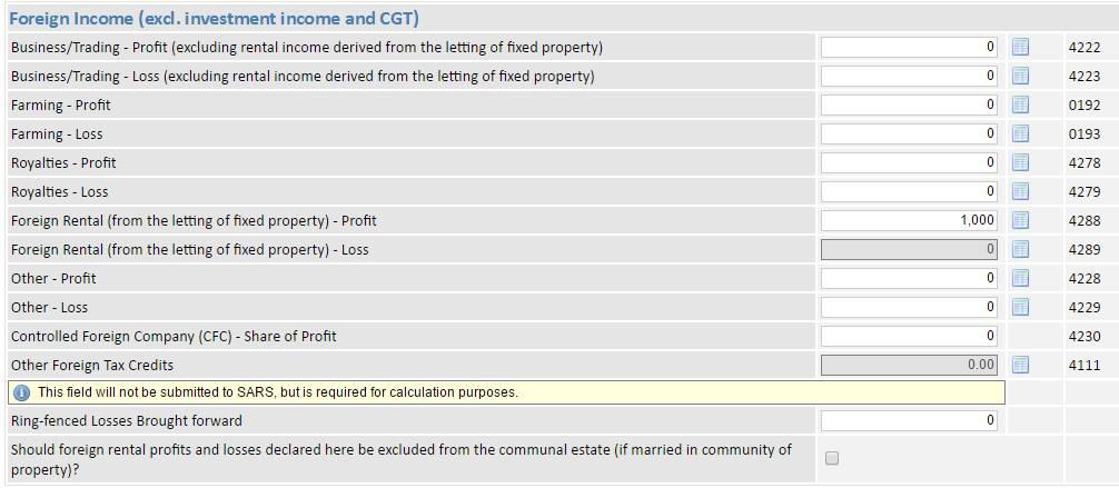 investment income and CGT) Added the following field to the Foreign Income section (DC01-583): Foreign Rental (from the letting of fixed property) Profit (4288).