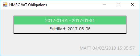 <date> : VAT Obligations example Fulfilled message If you do Check Obligations for a return that has already been sent