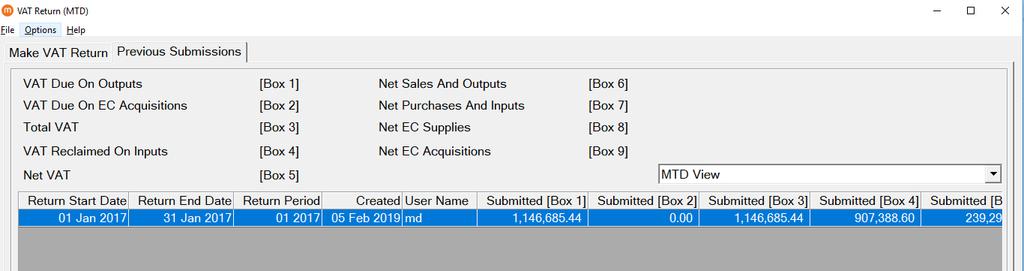 8. VIEWING PREVIOUS MTD SUBMISSIONS After a successful submission has been made it will populate the Previous Submissions tab in the VAT Return (MTD) routine: The default view will be MTD View which