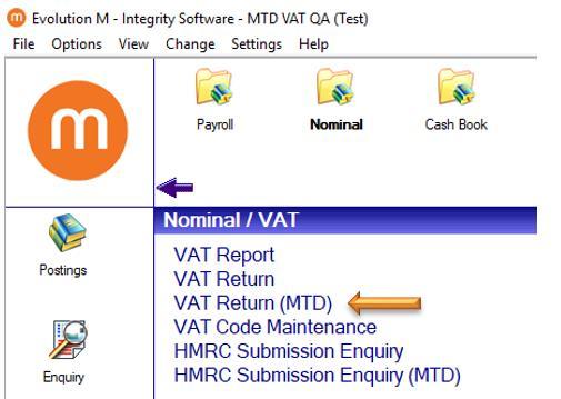 3. VAT RETURN (MTD) The new VAT Return (MTD) facility is in Nominal > VAT menu: Clicking on the VAT Return (MTD) routine will present you with a screen similar to this: You can choose to