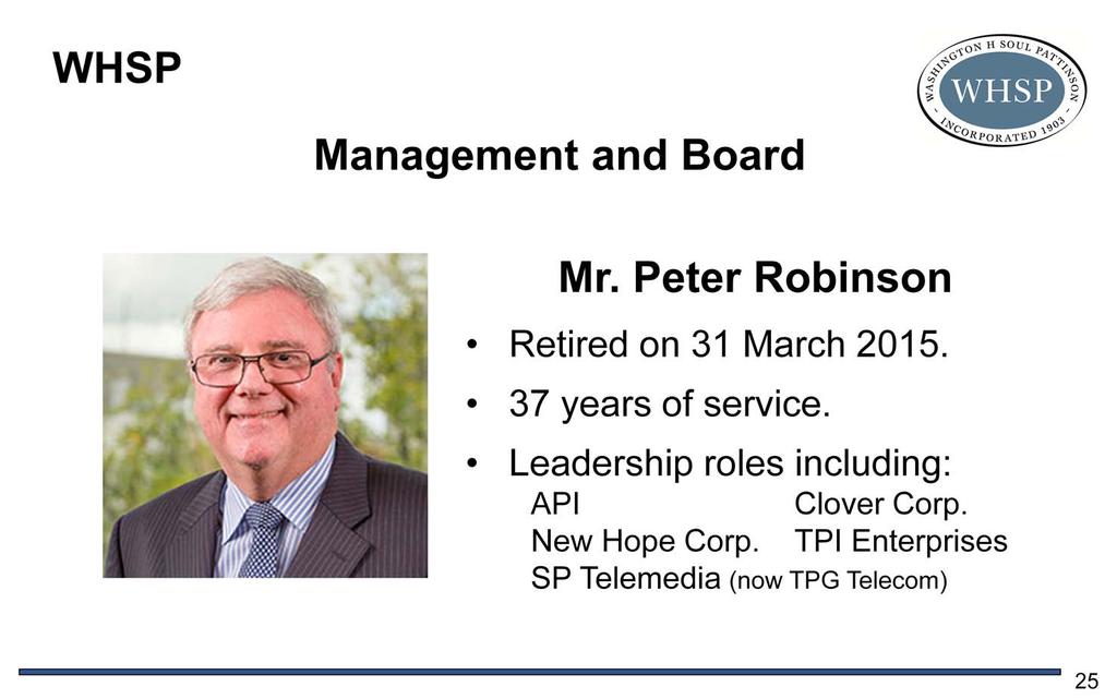 Changes to the Board of Directors Peter Robinson Mr. Peter Robinson retired from his position as Executive Director of the Company on 31 March this year.