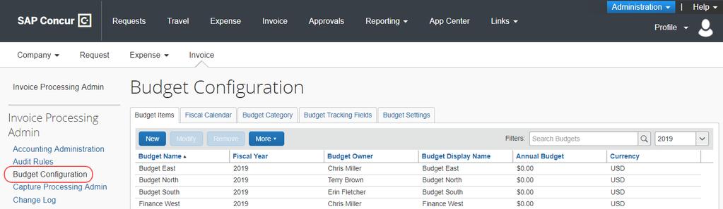 Access the Budget Items tab To access the Budget Items tab, click Administration > Invoice or Expense or Request > Budget