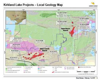 [Upper Beaver / Upper Canada Local Geology Map] The Kirkland Lake project lies within the southern Abitibi Greenstone Belt, approximately 110 kilometres west of the LaRonde mine in northwestern
