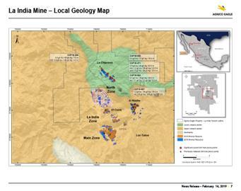 [La India Local Geology Map] The Chipriona satellite target is located approximately one kilometre north of the North Zone at the La India mine.