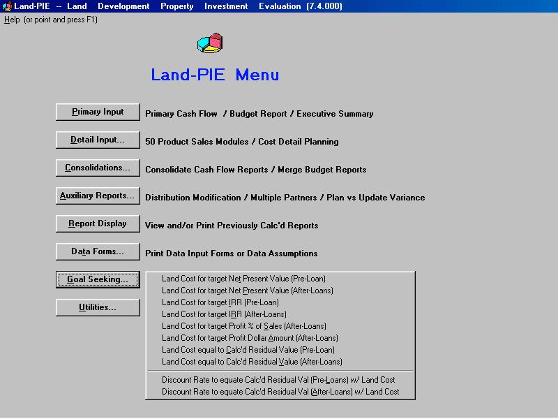The Main Menu with the Goal Seeking Command Button activated: Utilities Command Button Change Data Directory (Folder): (Refer to the first topic in this section for a discussion of this item)