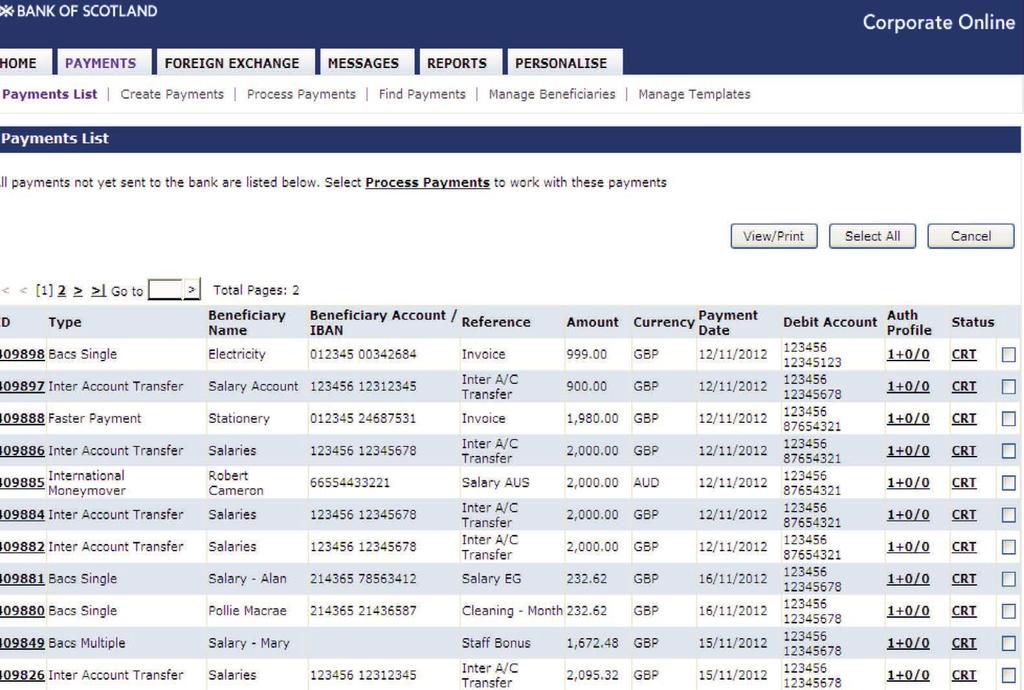 Payments list. Displays a list of all payments and transfers that have not yet been sent to the Bank.