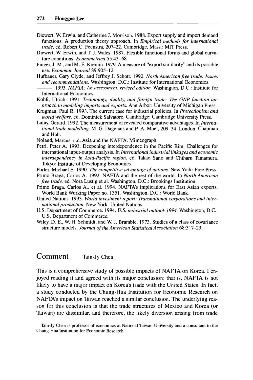 272 Honggue Lee Diewert, W. Erwin, and Catherine J. Morrison. 1988. Export supply and import demand functions: A production theory approach. In Empirical methods for international trade, ed. Robert C.