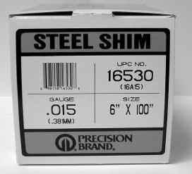 Steel Shim Stock 6" x 100" Rolls 12-Pak Steel Shim Assortment Part No. 942-095 Price $ 00.00 Thickness Part No. Price.001 942-005 $ 00.