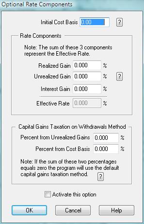 J&L Financial Planner -- Version 20.0 104 Assign Rate Components (Professional Version Only) Figure 47: Assign Rate Components Initial Cost Basis -- Enter the Cost Basis for this account.