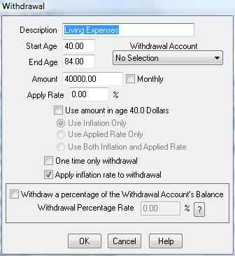 J&L Financial Planner -- Version 20.0 28 Withdrawal Use the event Description field to describe in your words what this withdrawal represents, for example "Rent Payment" or "Living Expenses.