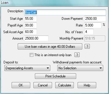 J&L Financial Planner -- Version 20.0 32 Loan Figure 6: Loan Event Use the event Description field to describe in your words what this loan represents, for example "New Car Loan" or "Home Repair Loan.