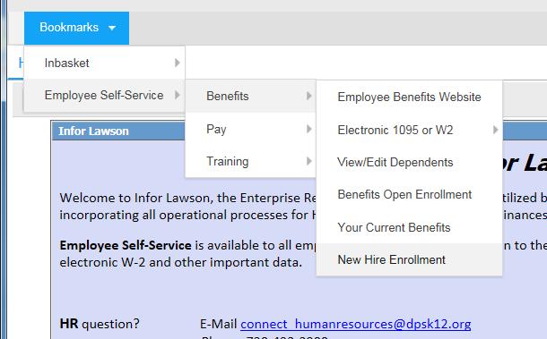 3. Click on Bookmarks for "Employee Self- Service", then "Benefits". If you need to include dependents in your enrollment, first click on View/Edit Dependents.